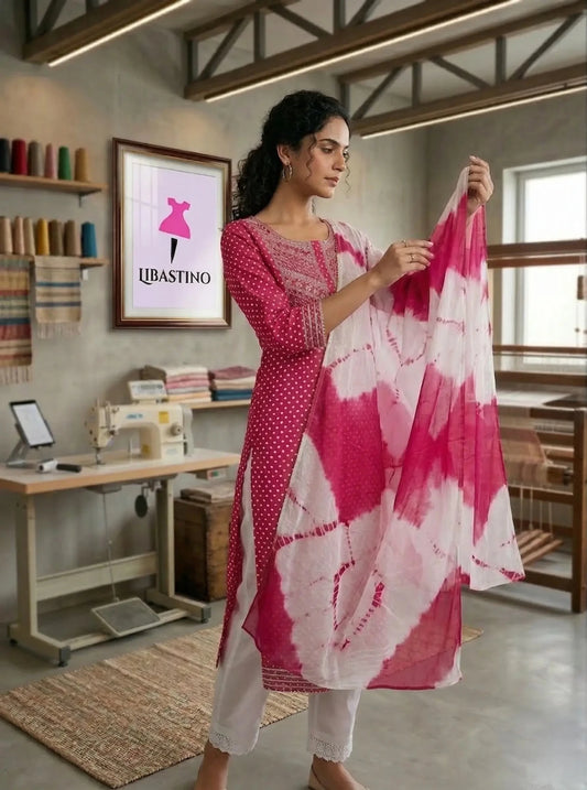 Hand - crafted Pink Bandhani Printed Rayon Kurta Set with Pants & Chiffon Dupatta with elegant handwork - LIBASTINO