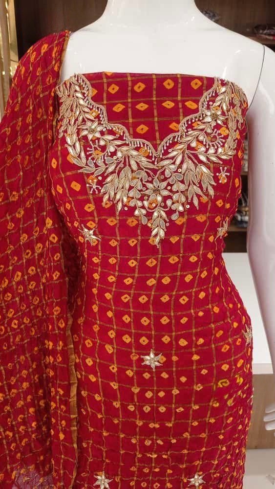 Hand - crafted Premium Art Silk Gadhchola Pattern Unstitched Suit Set with Gota Patti Handwork with elegant handwork - LIBASTINO