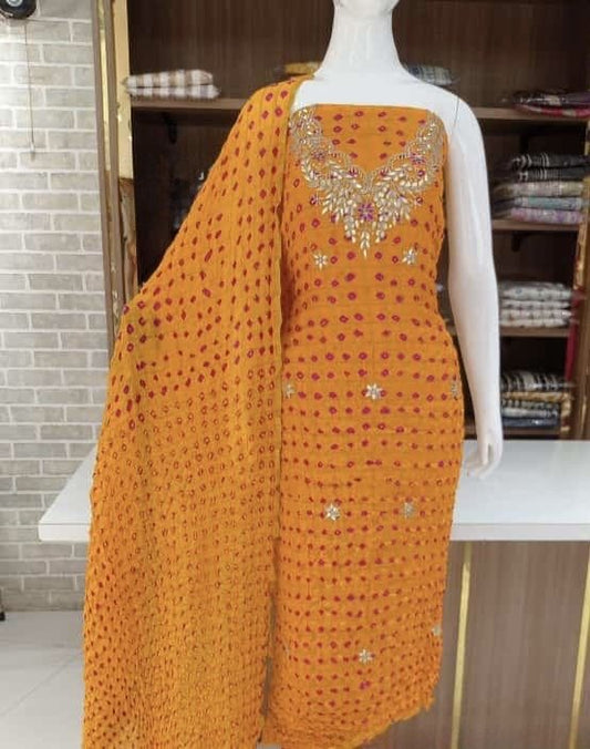 Hand - crafted Premium Art Silk Gadhchola Pattern Unstitched Suit Set with Gota Patti Handwork with elegant handwork - LIBASTINO