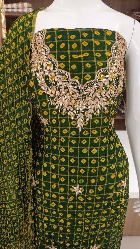 Hand - crafted Premium Art Silk Gadhchola Pattern Unstitched Suit Set with Gota Patti Handwork with elegant handwork - LIBASTINO
