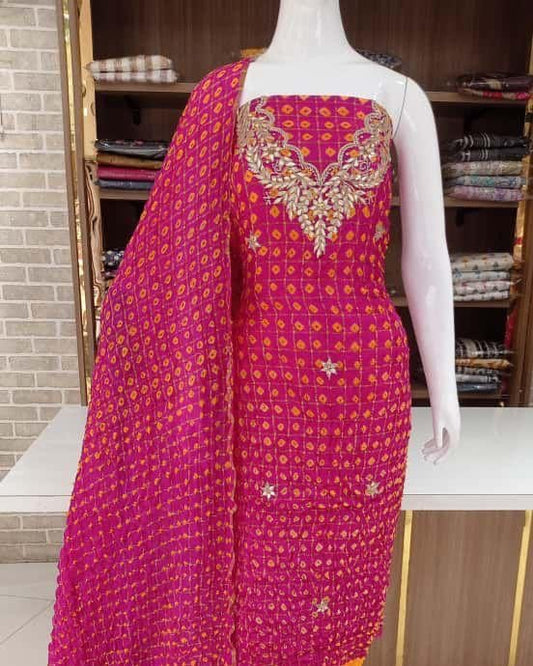 Hand - crafted Premium Art Silk Gadhchola Pattern Unstitched Suit Set with Gota Patti Handwork with elegant handwork - LIBASTINO