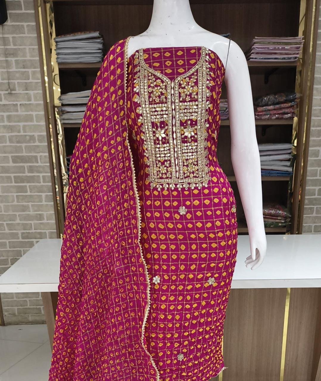 Hand - crafted Premium Art Silk Gadhchola Pattern Unstitched Suit Set with Heavy Gota Patti Handwork with elegant handwork - LIBASTINO