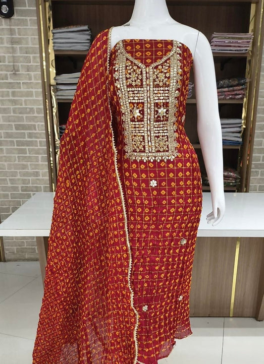 Hand - crafted Premium Art Silk Gadhchola Pattern Unstitched Suit Set with Heavy Gota Patti Handwork with elegant handwork - LIBASTINO
