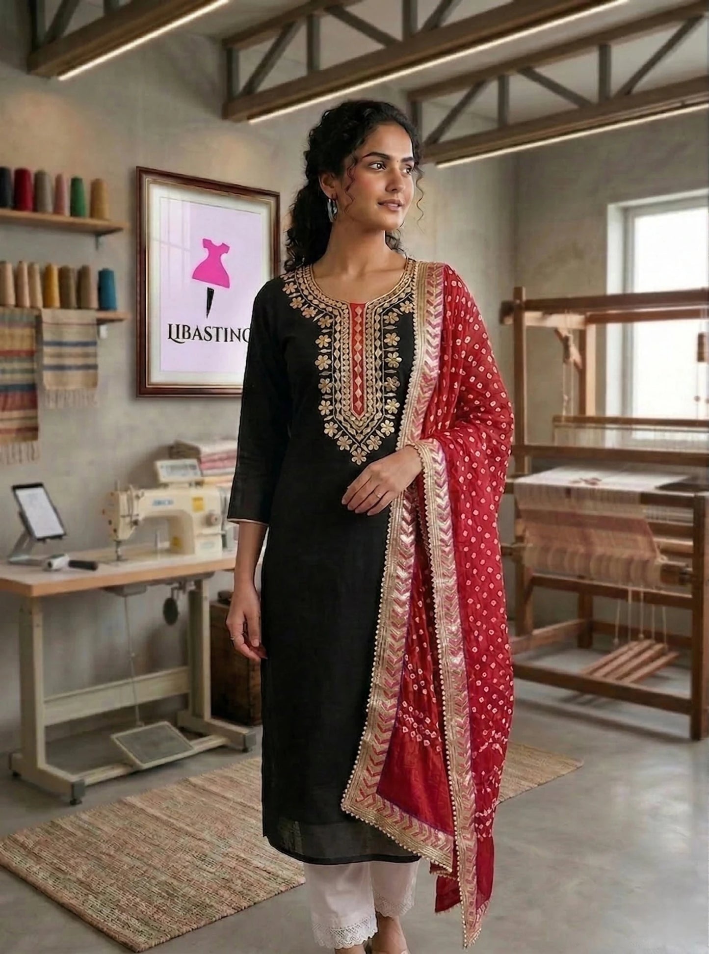 Hand - crafted Premium Chanderi Unstitched Suit with Gota Patti Handwork & Bandhani Dupatta with elegant handwork - LIBASTINO