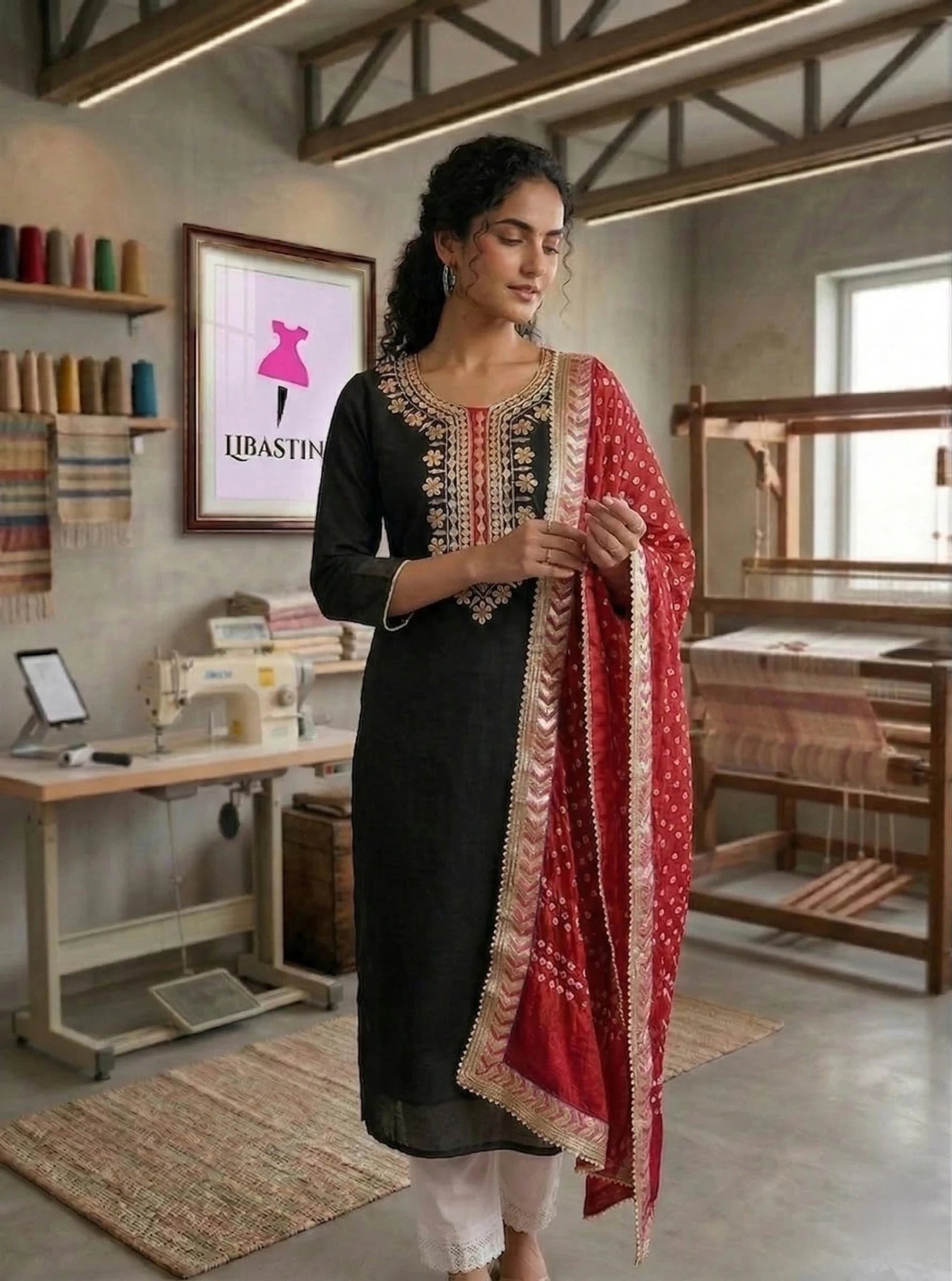 Hand - crafted Premium Chanderi Unstitched Suit with Gota Patti Handwork & Bandhani Dupatta with elegant handwork - LIBASTINO