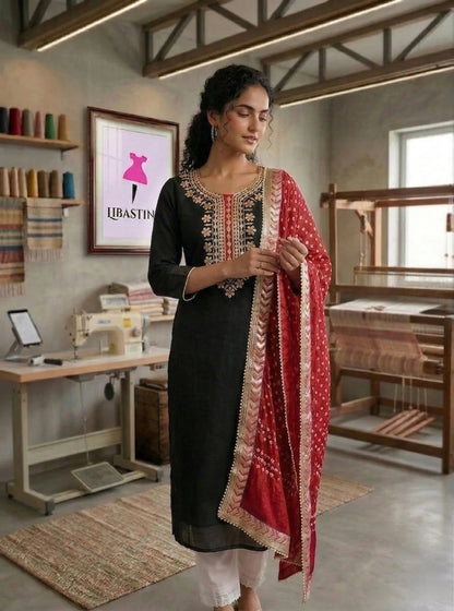 Hand - crafted Premium Chanderi Unstitched Suit with Gota Patti Handwork & Bandhani Dupatta with elegant handwork - LIBASTINO
