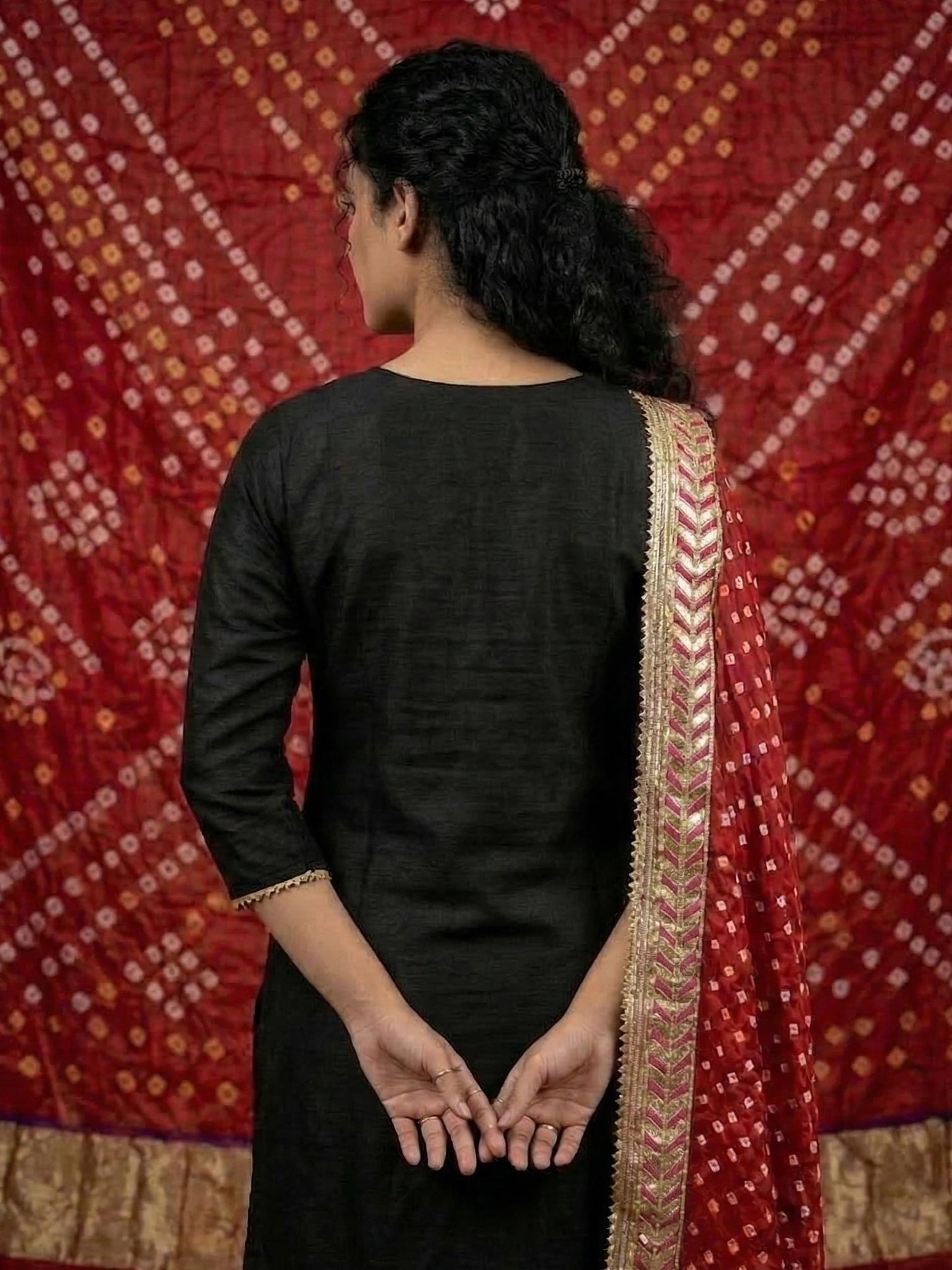 Hand - crafted Premium Chanderi Unstitched Suit with Gota Patti Handwork & Bandhani Dupatta with elegant handwork - LIBASTINO