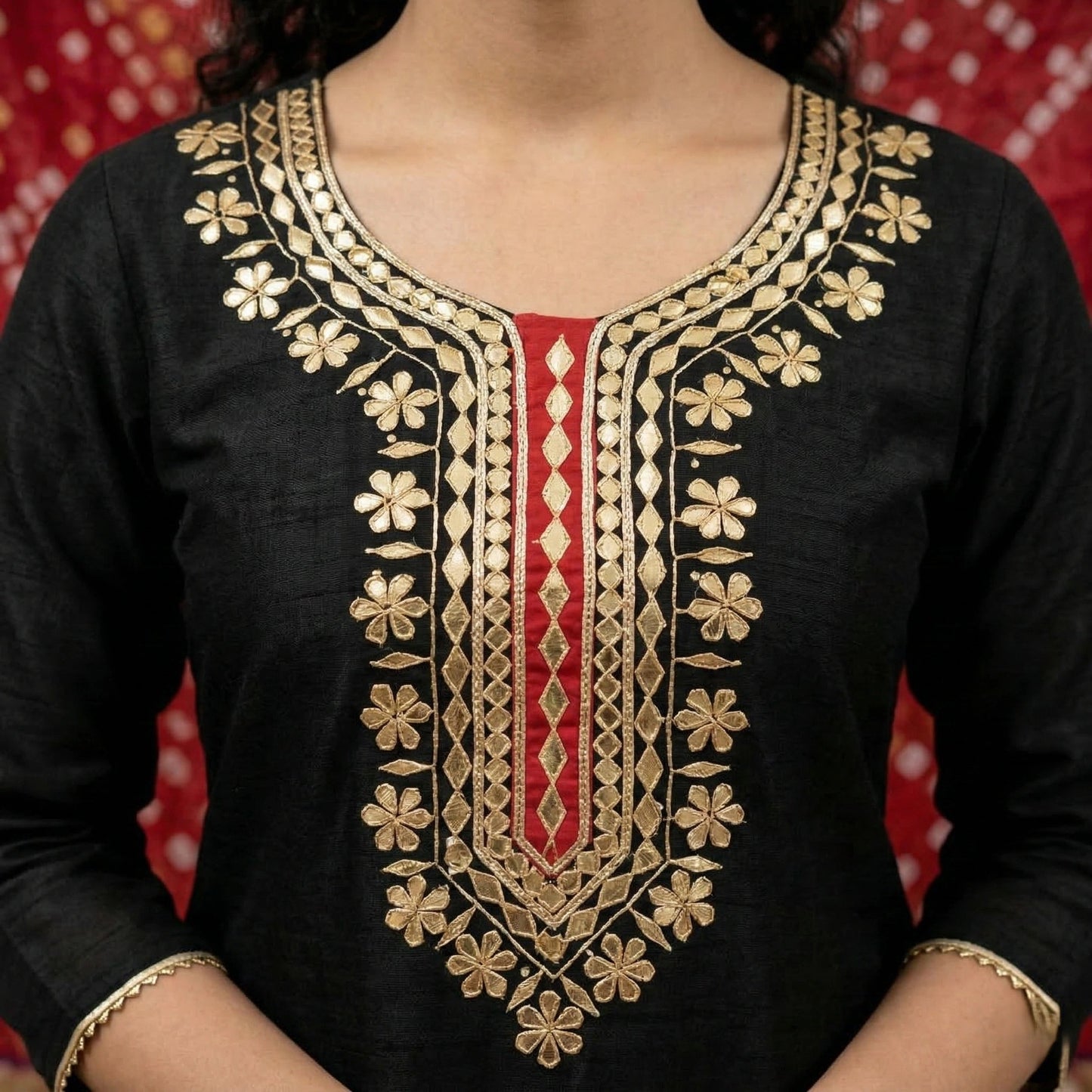 Hand - crafted Premium Chanderi Unstitched Suit with Gota Patti Handwork & Bandhani Dupatta with elegant handwork - LIBASTINO