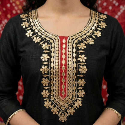 Hand - crafted Premium Chanderi Unstitched Suit with Gota Patti Handwork & Bandhani Dupatta with elegant handwork - LIBASTINO