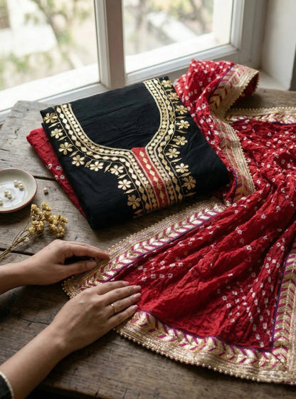 Hand - crafted Premium Chanderi Unstitched Suit with Gota Patti Handwork & Bandhani Dupatta with elegant handwork - LIBASTINO