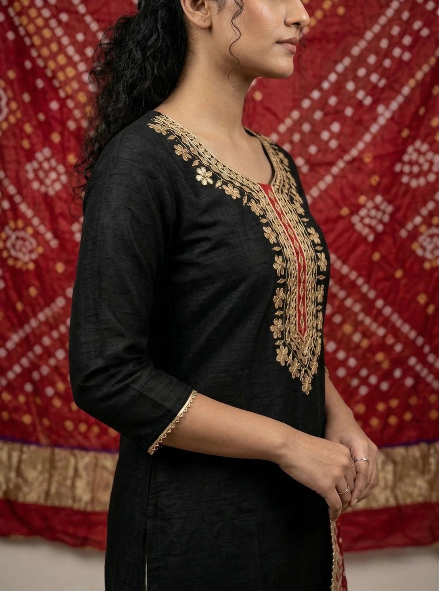 Hand - crafted Premium Chanderi Unstitched Suit with Gota Patti Handwork & Bandhani Dupatta with elegant handwork - LIBASTINO