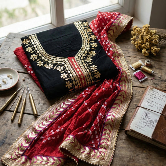 Hand - crafted Premium Chanderi Unstitched Suit with Gota Patti Handwork & Bandhani Dupatta with elegant handwork - LIBASTINO