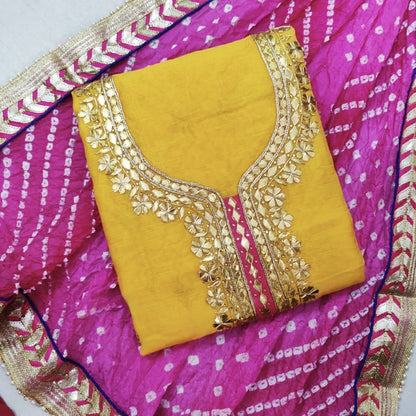 Hand-crafted Premium Chanderi Unstitched Suit with Gota Patti Handwork & Bandhani Dupatta with elegant handwork - LIBASTINO