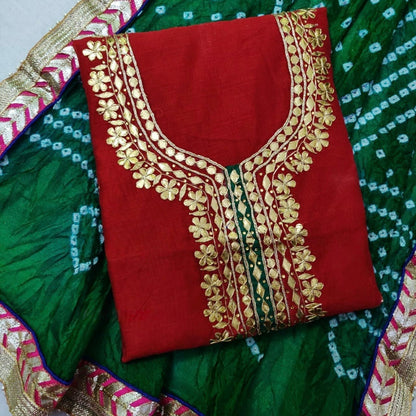 Hand-crafted Premium Chanderi Unstitched Suit with Gota Patti Handwork & Bandhani Dupatta with elegant handwork - LIBASTINO