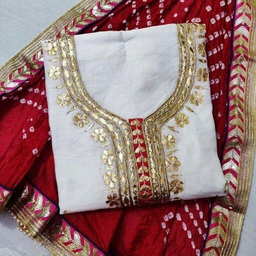 Hand-crafted Premium Chanderi Unstitched Suit with Gota Patti Handwork & Bandhani Dupatta with elegant handwork - LIBASTINO