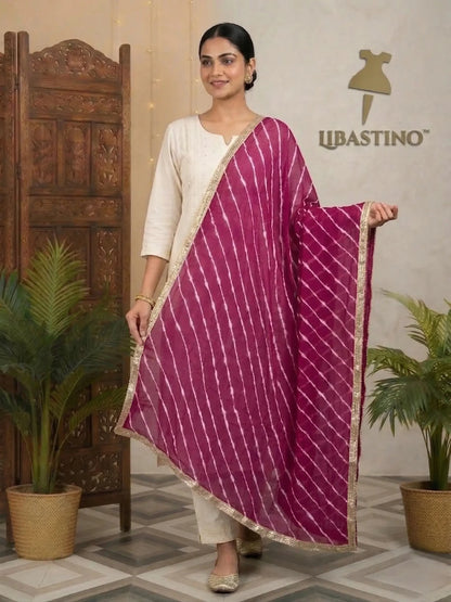 Hand - crafted Rajasthani Leheriya Chiffon Dupatta with Heavy Golden Gota Lace Border with elegant handwork - LIBASTINO