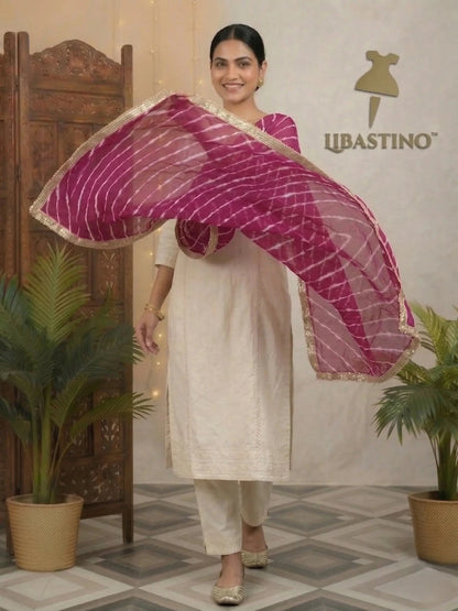 Hand - crafted Rajasthani Leheriya Chiffon Dupatta with Heavy Golden Gota Lace Border with elegant handwork - LIBASTINO