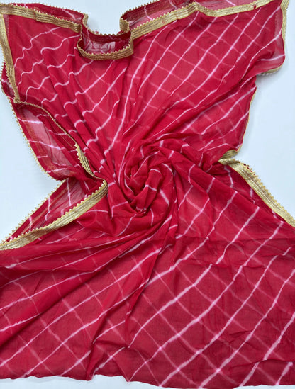 Hand - crafted Rajasthani Leheriya Chiffon Dupatta with Heavy Golden Gota Lace Border with elegant handwork - LIBASTINO
