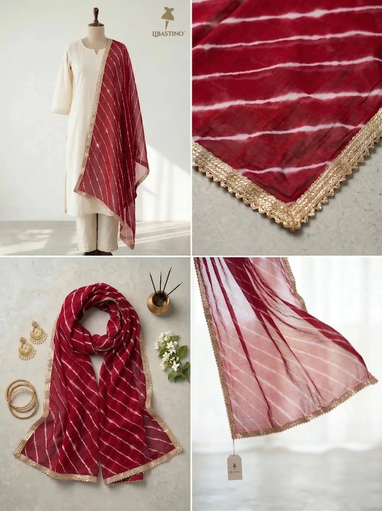 Hand - crafted Rajasthani Leheriya Chiffon Dupatta with Heavy Golden Gota Lace Border with elegant handwork - LIBASTINO
