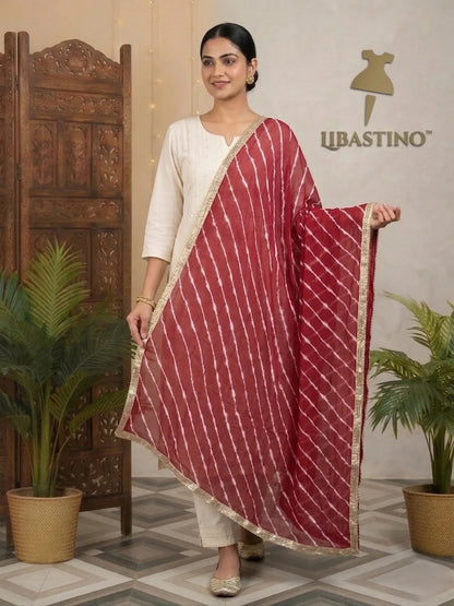 Hand - crafted Rajasthani Leheriya Chiffon Dupatta with Heavy Golden Gota Lace Border with elegant handwork - LIBASTINO
