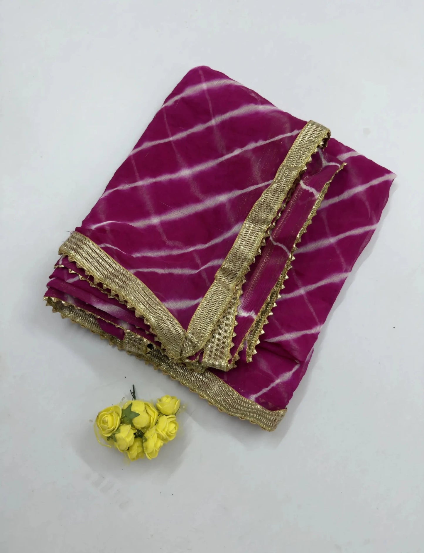 Hand - crafted Rajasthani Leheriya Chiffon Dupatta with Heavy Golden Gota Lace Border with elegant handwork - LIBASTINO