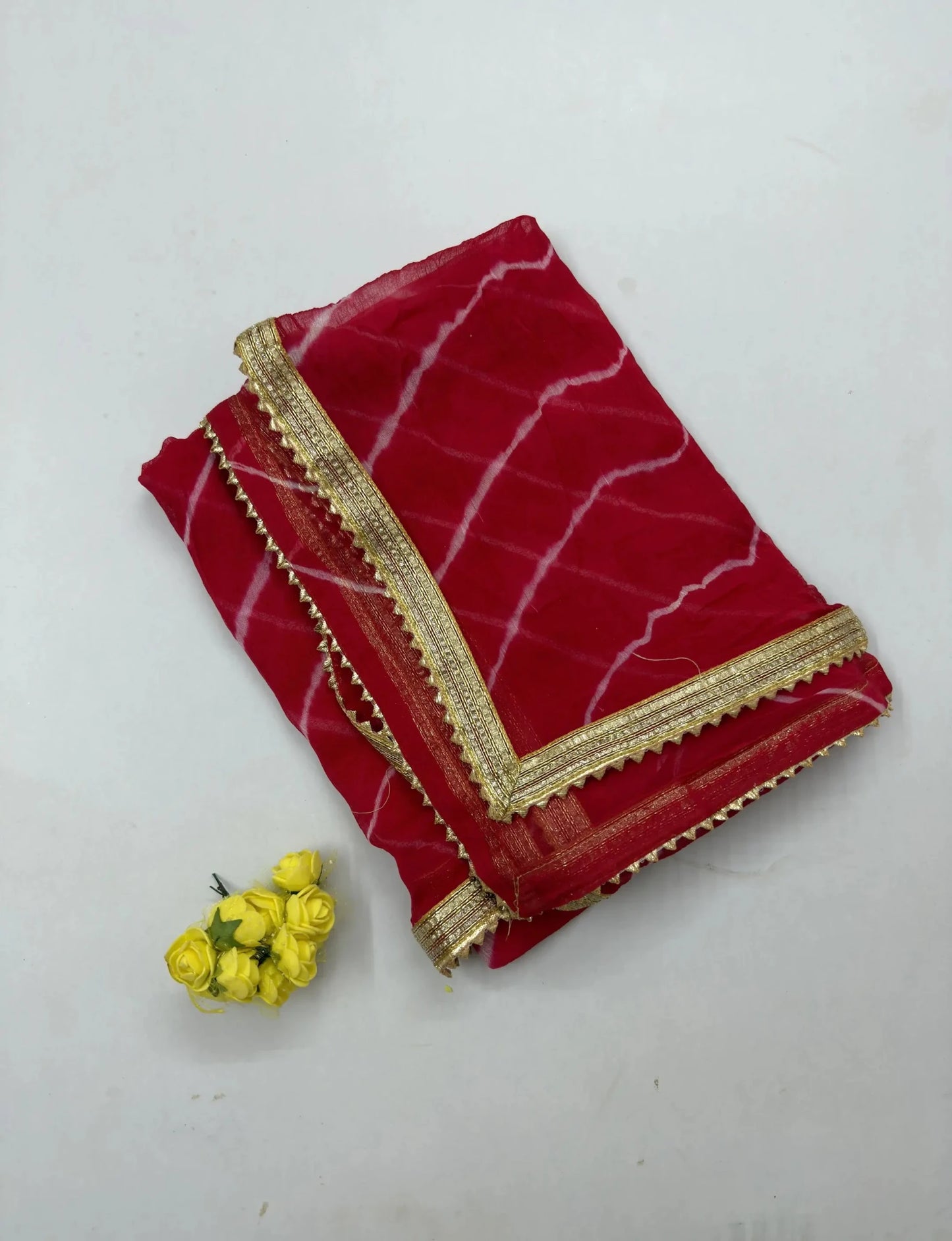 Hand - crafted Rajasthani Leheriya Chiffon Dupatta with Heavy Golden Gota Lace Border with elegant handwork - LIBASTINO