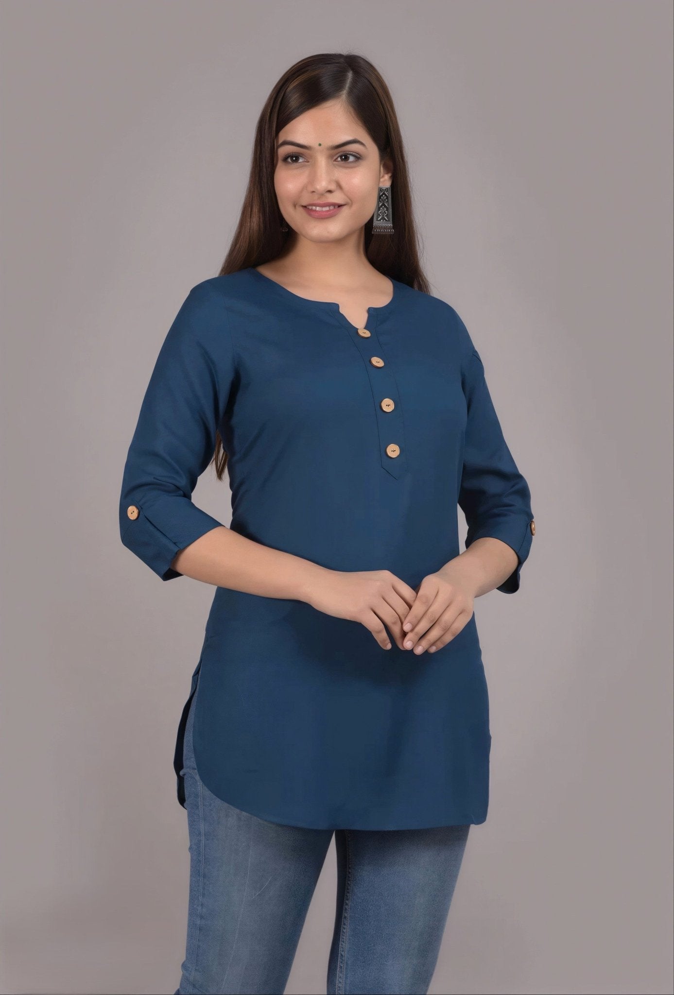 Hand - crafted Rayon Short Kurti with Wooden Buttons with elegant handwork - LIBASTINO