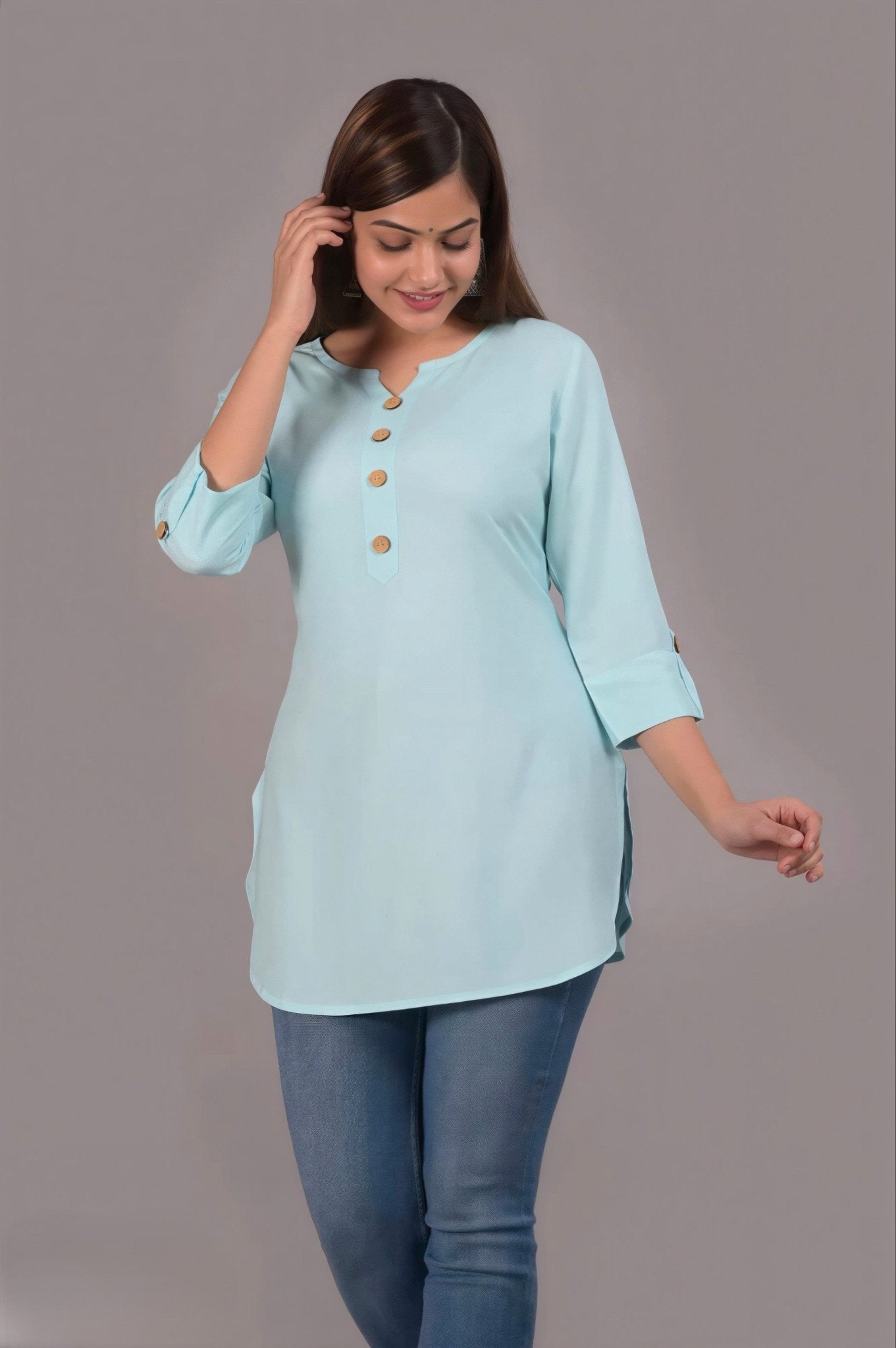 Hand - crafted Rayon Short Kurti with Wooden Buttons with elegant handwork - LIBASTINO
