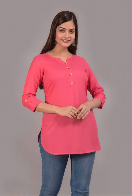 Hand - crafted Rayon Short Kurti with Wooden Buttons with elegant handwork - LIBASTINO
