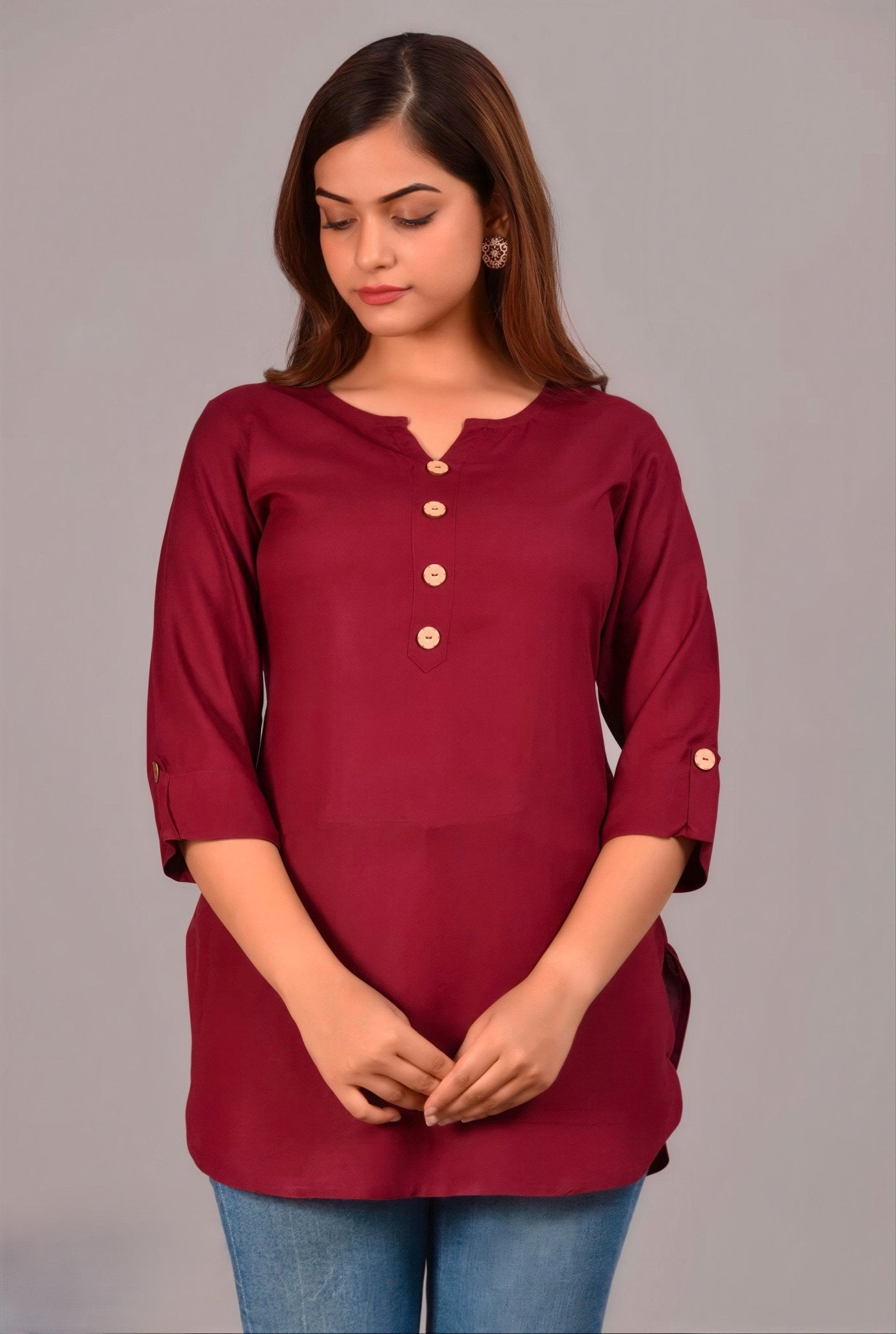 Hand - crafted Rayon Short Kurti with Wooden Buttons with elegant handwork - LIBASTINO