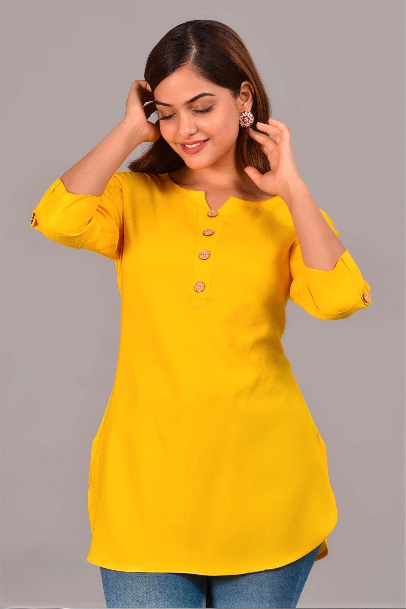 Hand - crafted Rayon Short Kurti with Wooden Buttons with elegant handwork - LIBASTINO