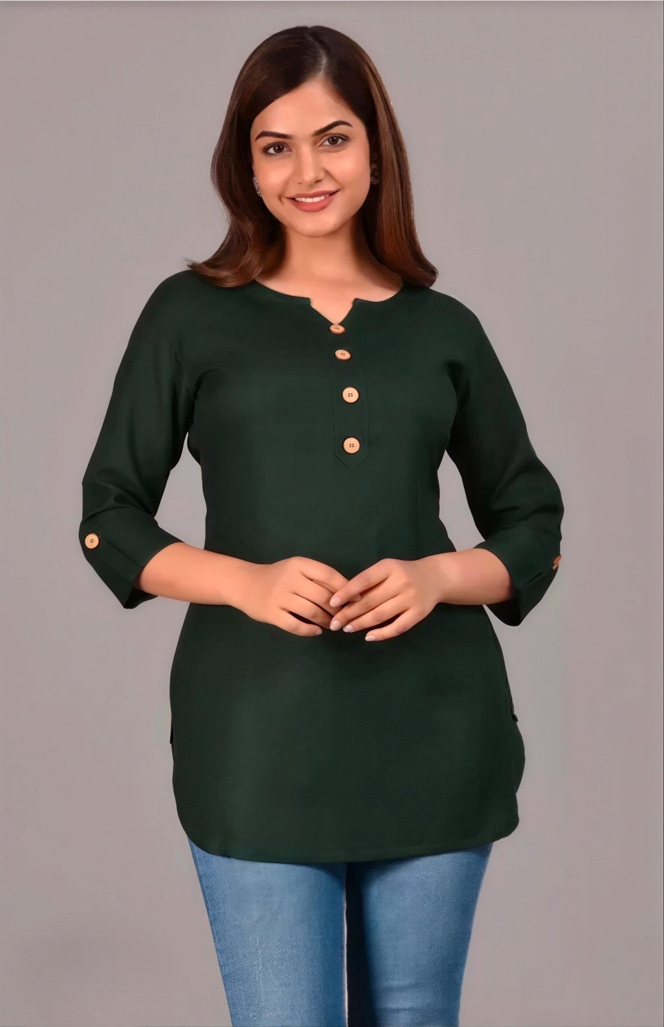 Hand - crafted Rayon Short Kurti with Wooden Buttons with elegant handwork - LIBASTINO