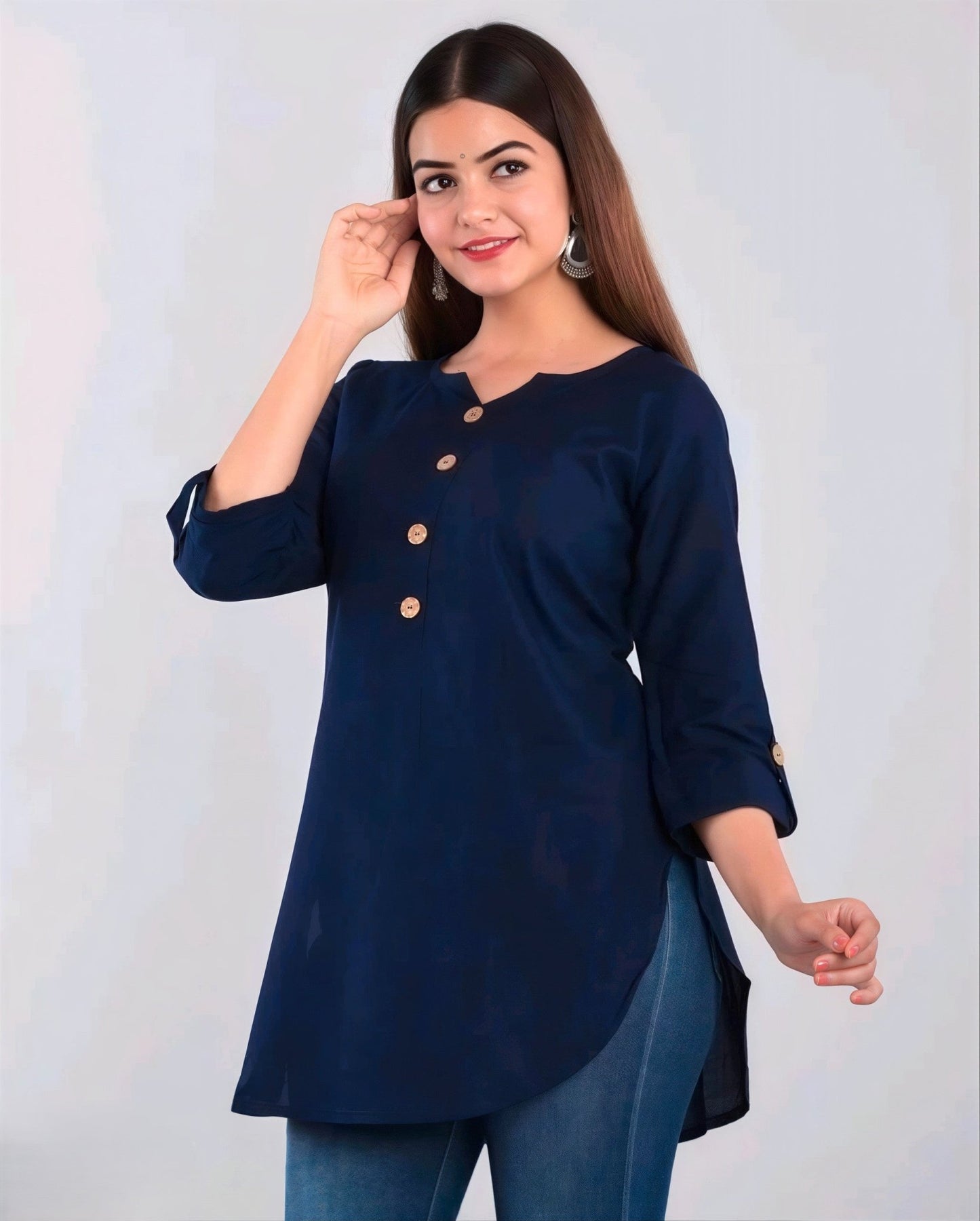 Hand - crafted Rayon Short Kurti with Wooden Buttons with elegant handwork - LIBASTINO