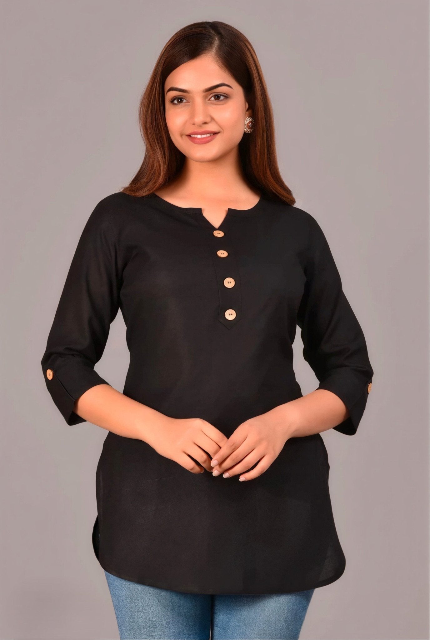 Hand - crafted Rayon Short Kurti with Wooden Buttons with elegant handwork - LIBASTINO