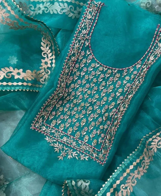 Hand - crafted Sea Green Hand - Crafted Suit Set with Intricate Gota Patti & Zardozi Work with elegant handwork - LIBASTINO
