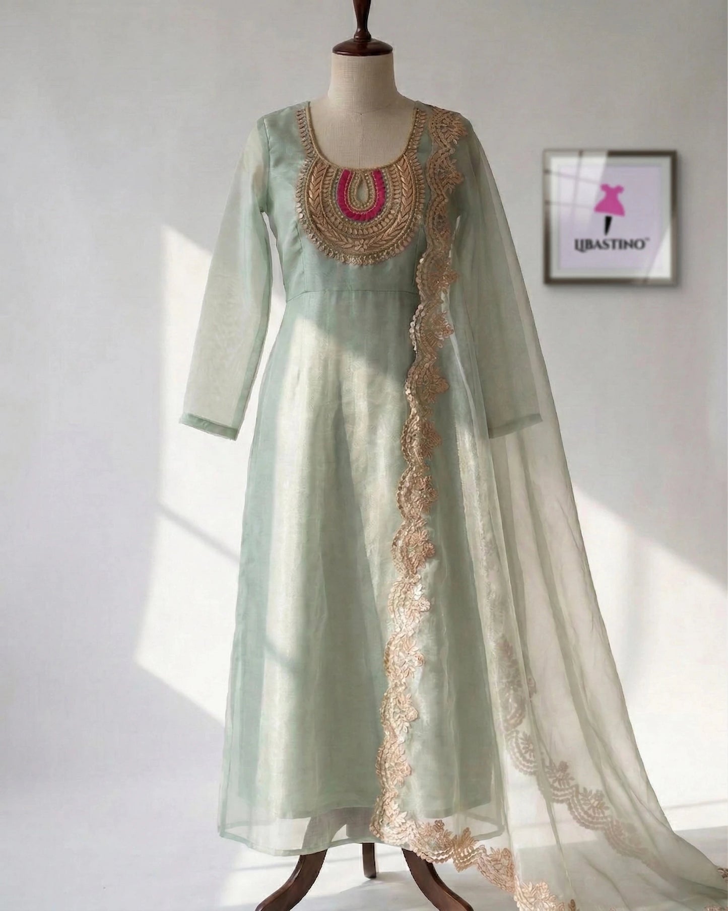 Hand - crafted Sea Green Hand Embroidered Organza Suit Set with Zardozi & Gota Patti Work with elegant handwork - LIBASTINO