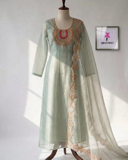 Hand - crafted Sea Green Hand Embroidered Organza Suit Set with Zardozi & Gota Patti Work with elegant handwork - LIBASTINO