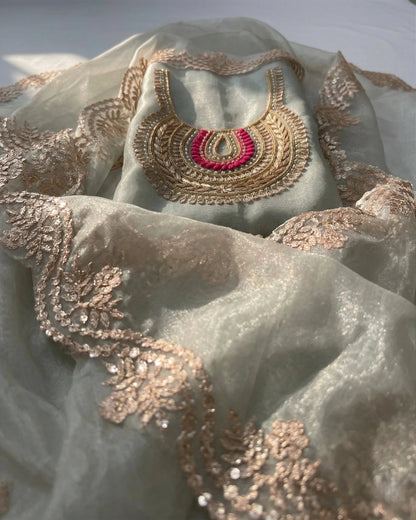 Hand - crafted Sea Green Hand Embroidered Organza Suit Set with Zardozi & Gota Patti Work with elegant handwork - LIBASTINO