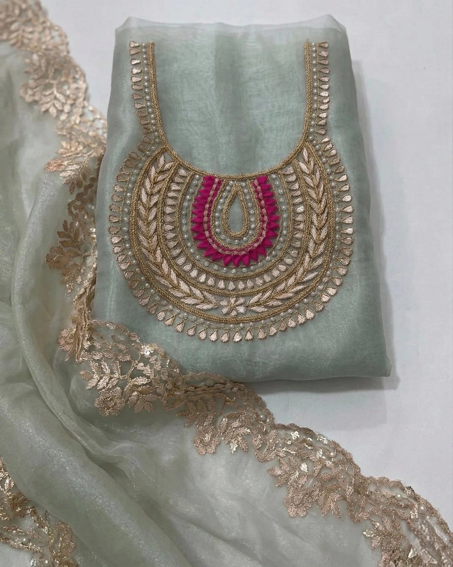 Hand - crafted Sea Green Hand Embroidered Organza Suit Set with Zardozi & Gota Patti Work with elegant handwork - LIBASTINO