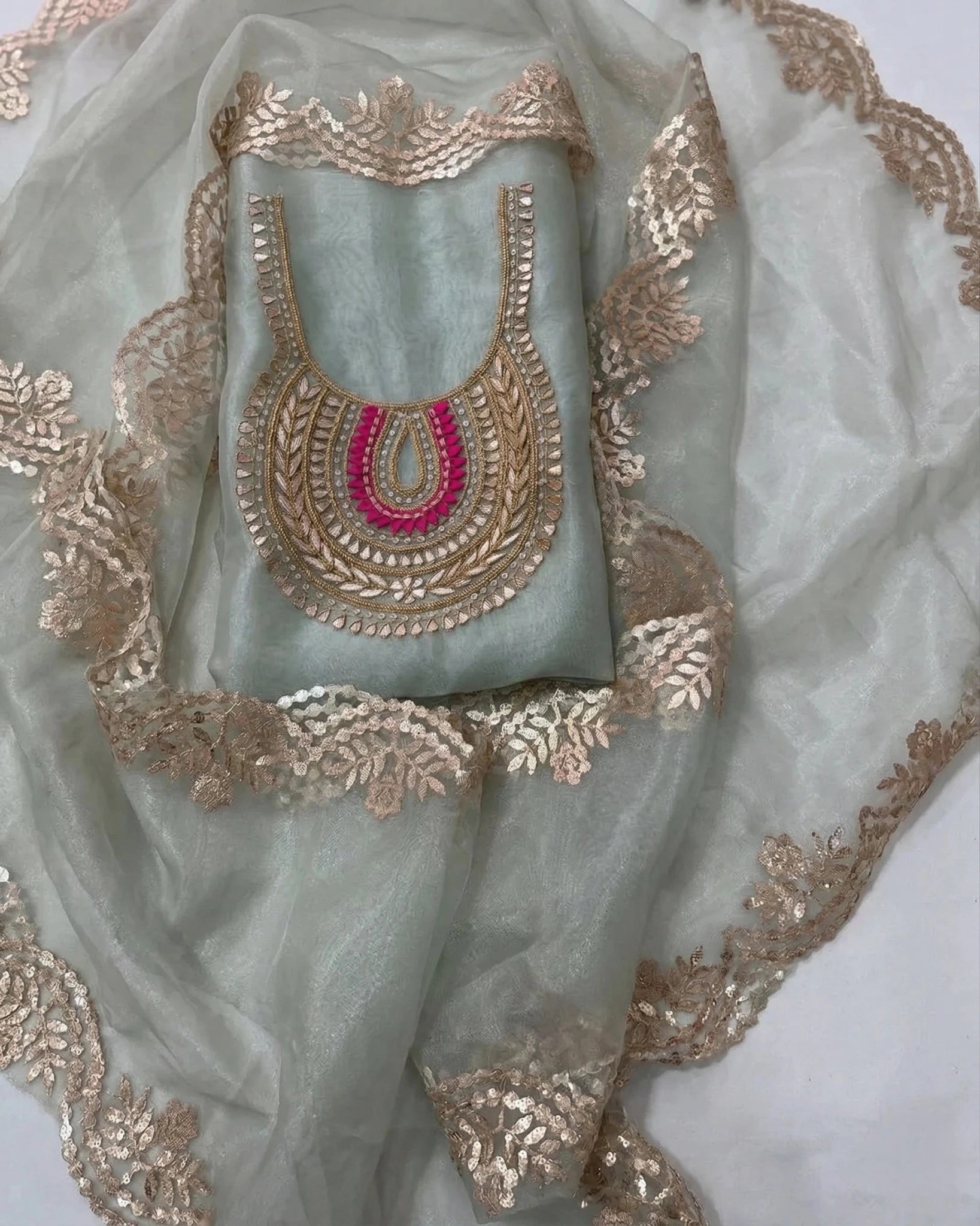 Hand - crafted Sea Green Hand Embroidered Organza Suit Set with Zardozi & Gota Patti Work with elegant handwork - LIBASTINO