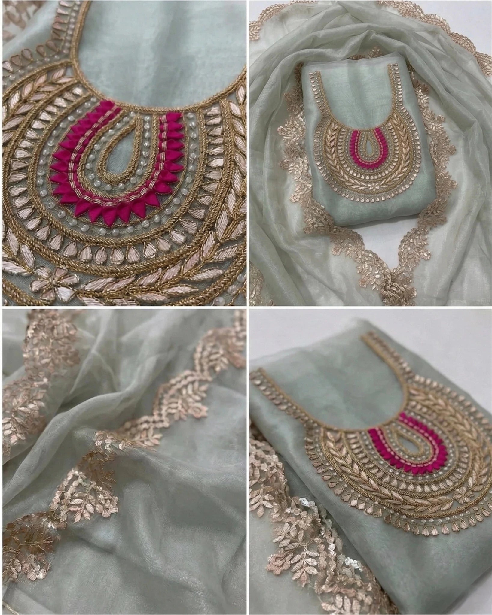 Hand - crafted Sea Green Hand Embroidered Organza Suit Set with Zardozi & Gota Patti Work with elegant handwork - LIBASTINO