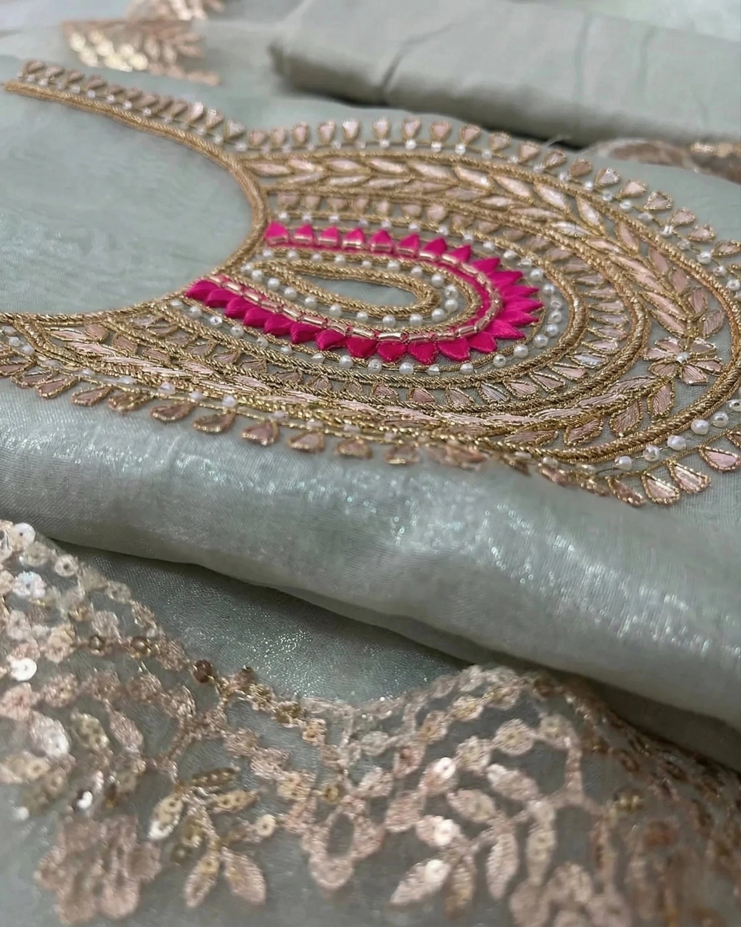 Hand - crafted Sea Green Hand Embroidered Organza Suit Set with Zardozi & Gota Patti Work with elegant handwork - LIBASTINO